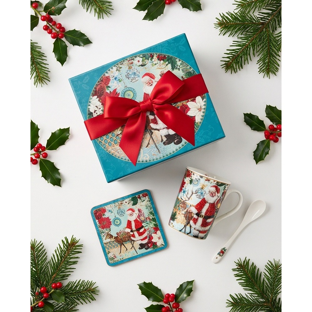 Summer River Christmas Santa Mug Coaster Spoon Gift Box Set 8133-3 NIB